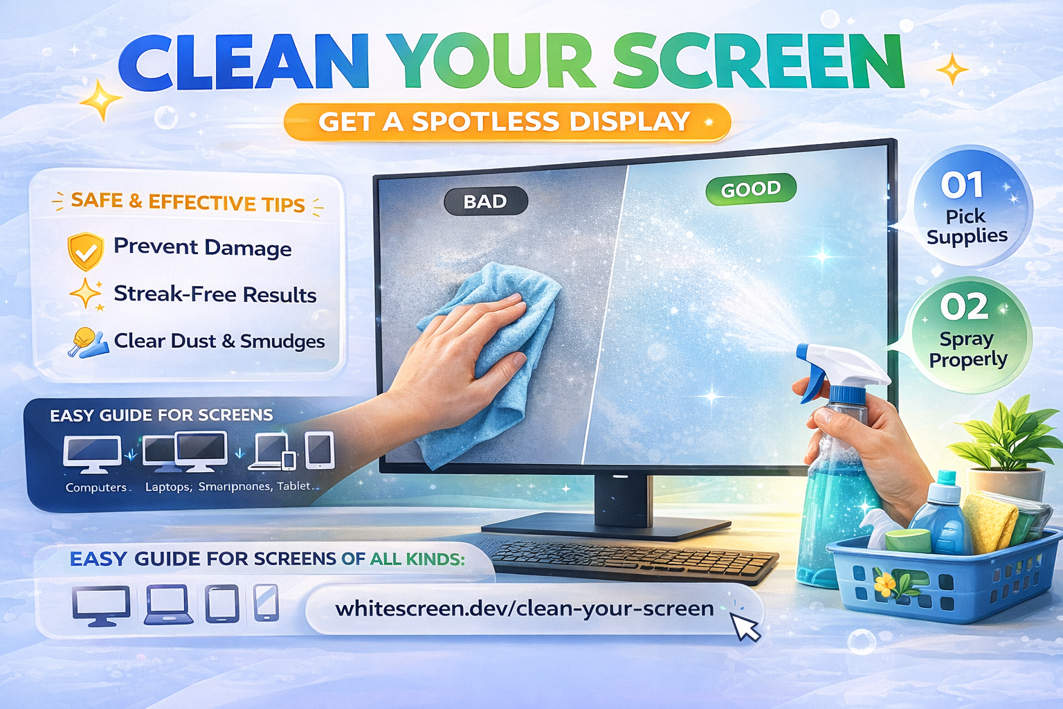 Cleaning monitor using white screen to reveal dust and smudges clearly