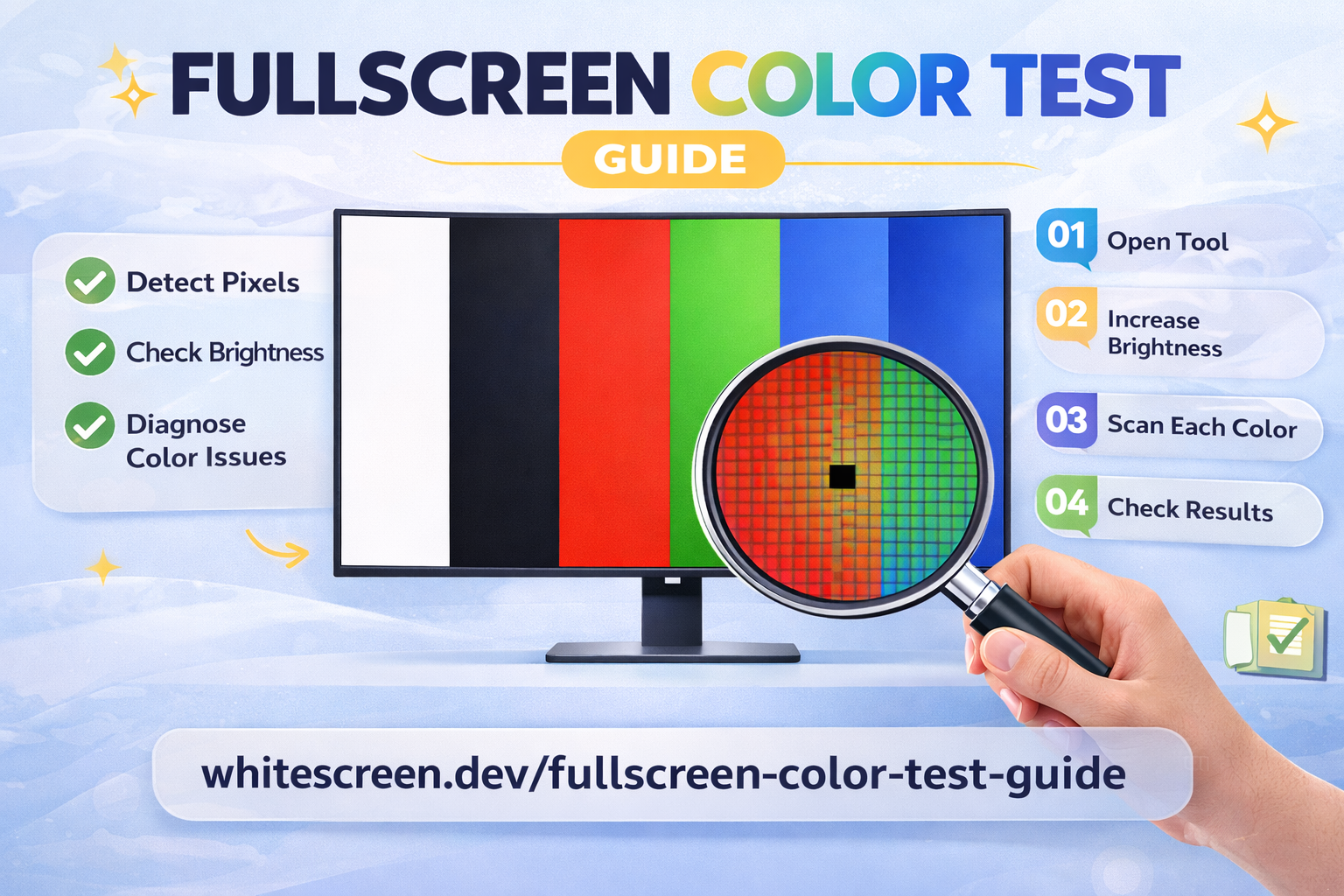 Fullscreen color test showing white black red green and blue screens for display testing